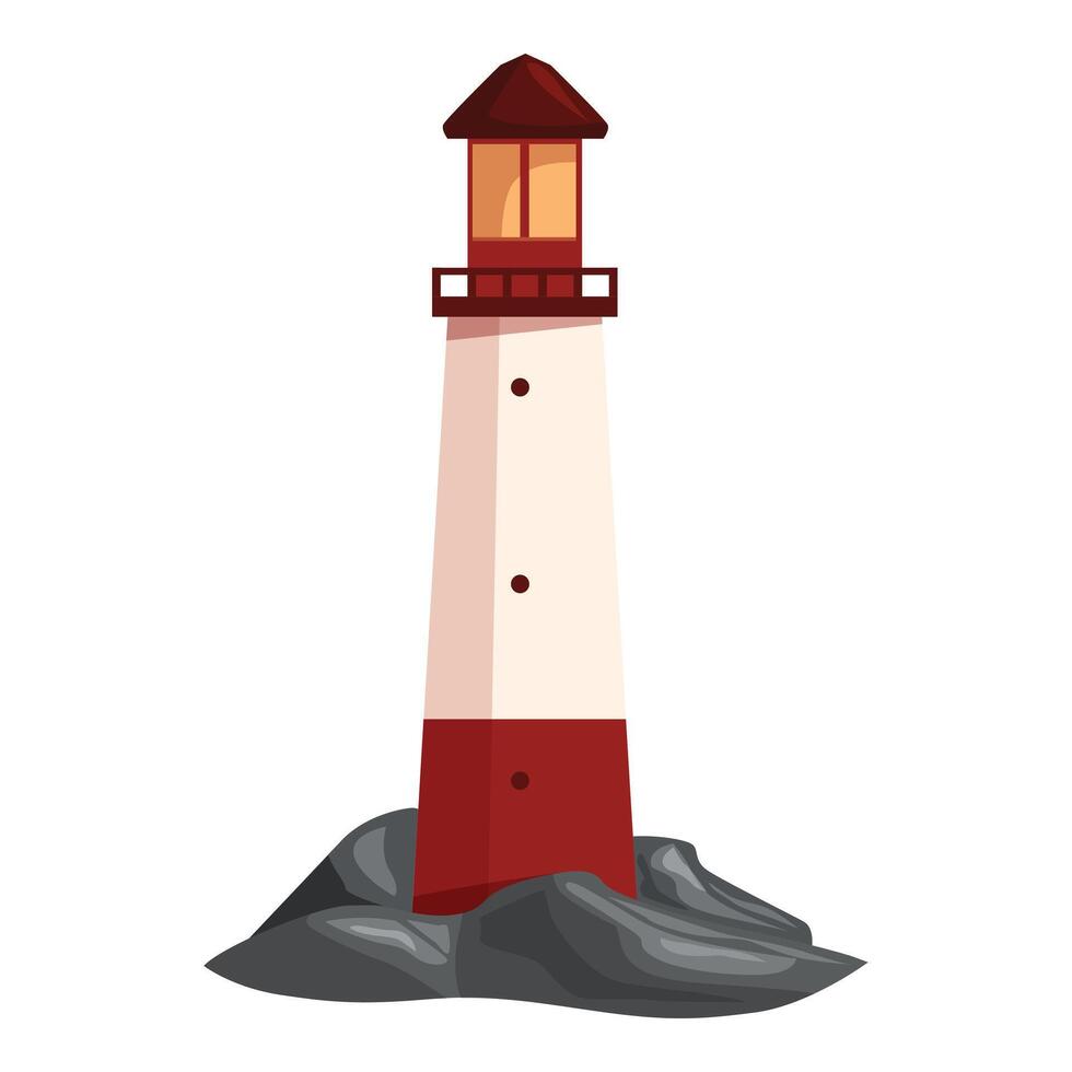 Tall red and white lighthouse standing on rocks guiding ships vector