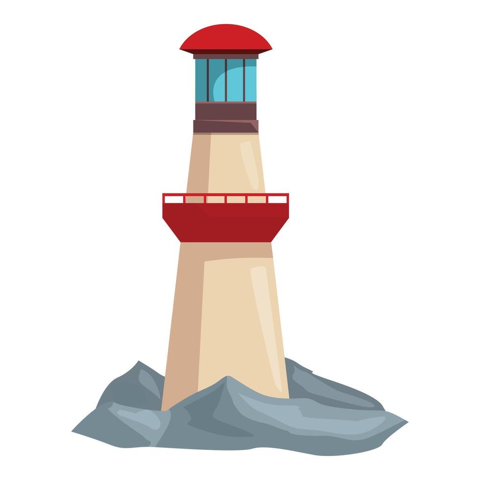 Red and white lighthouse standing on rocks guiding ships at sea vector