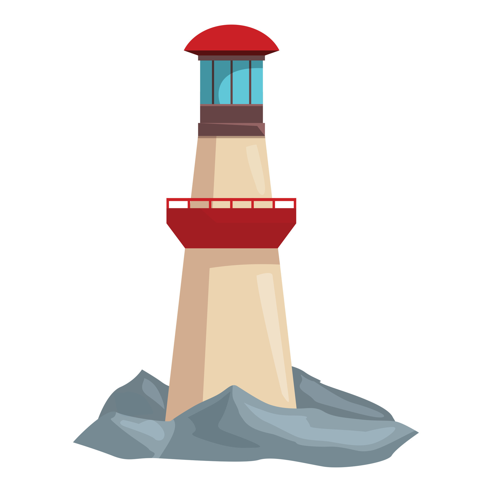 Red and white lighthouse standing on rocks guiding ships at sea ...