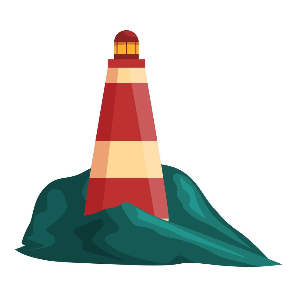 Tall red and white lighthouse standing on green rock formation vector