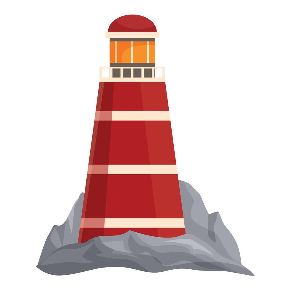 Red lighthouse standing on rocks guiding ships at sea vector