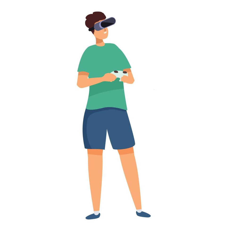 Gamer wearing virtual reality headset and holding console, enjoying metaverse experience vector