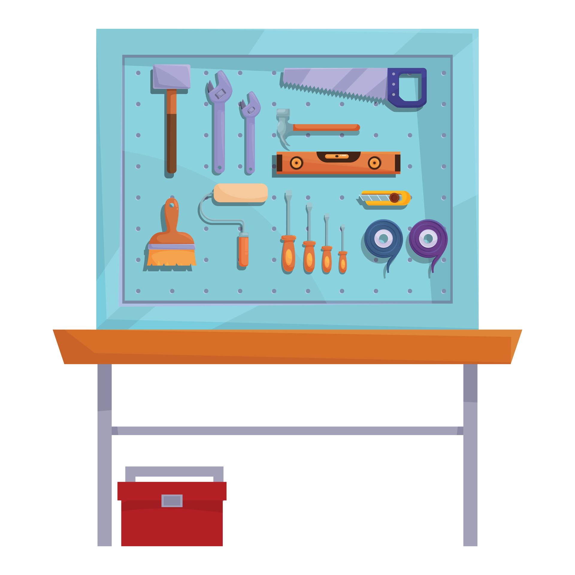 Pegboard with tools hanging over workbench in 47565102 Vector