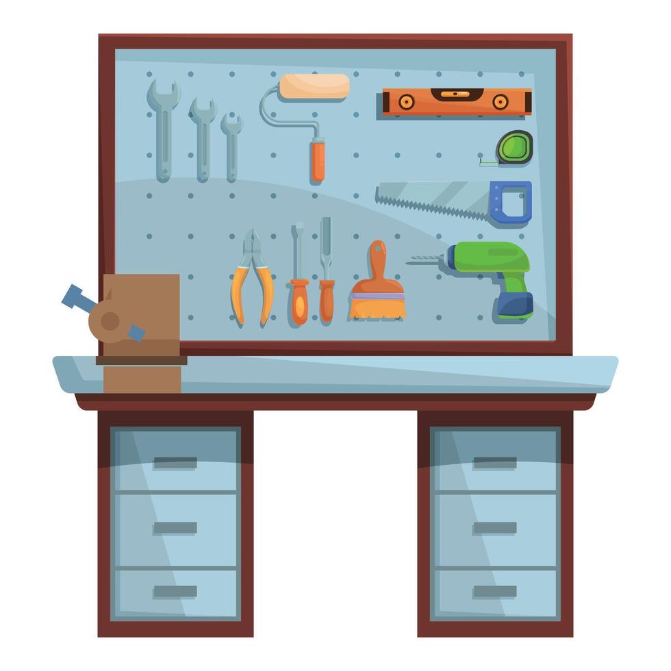 Carpentry workshop interior with tool board organizing different tools vector