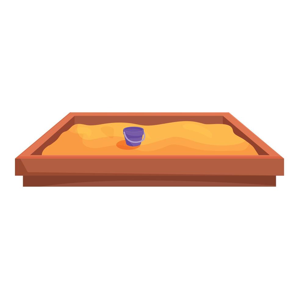 Empty sandbox standing on sand with small bucket for playing on playground vector