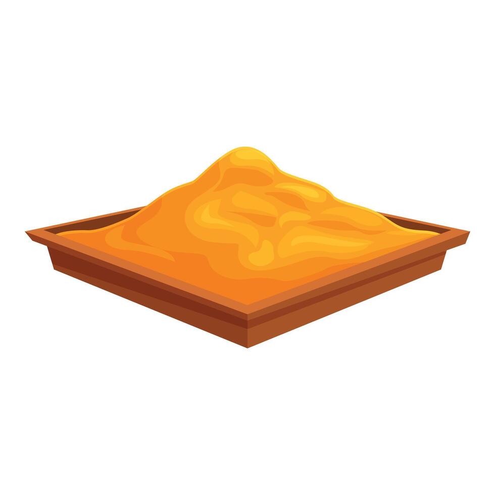 Wooden tray holding heap of turmeric powder for cooking vector