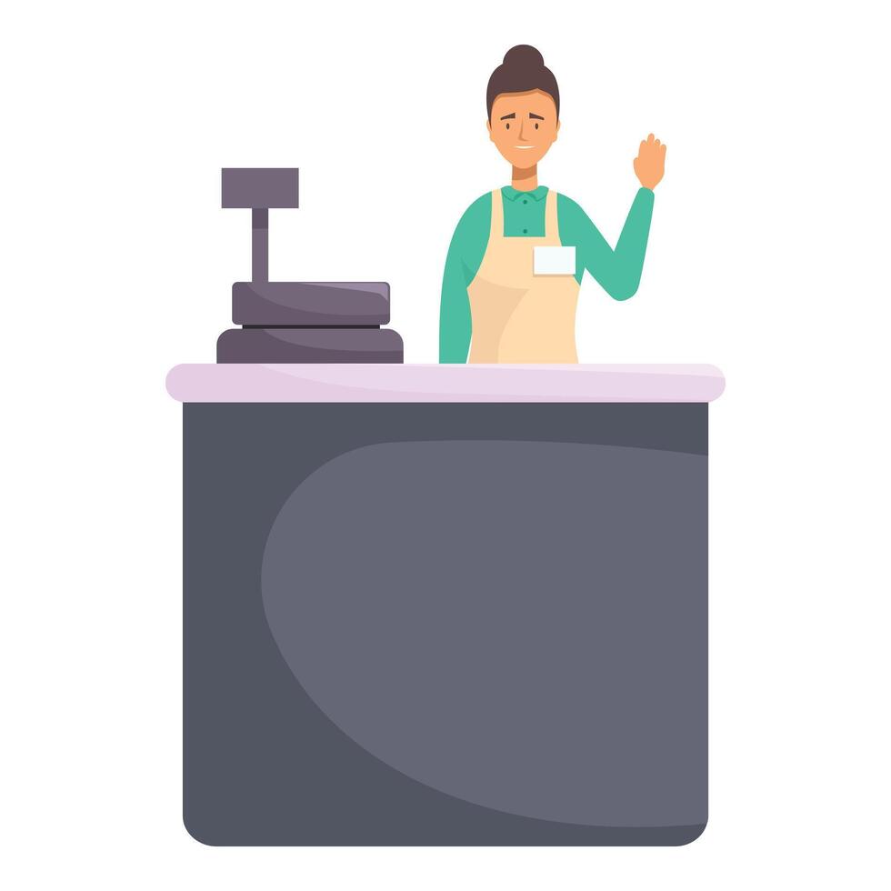 Cashier standing behind cash desk waving with hand at checkout counter vector