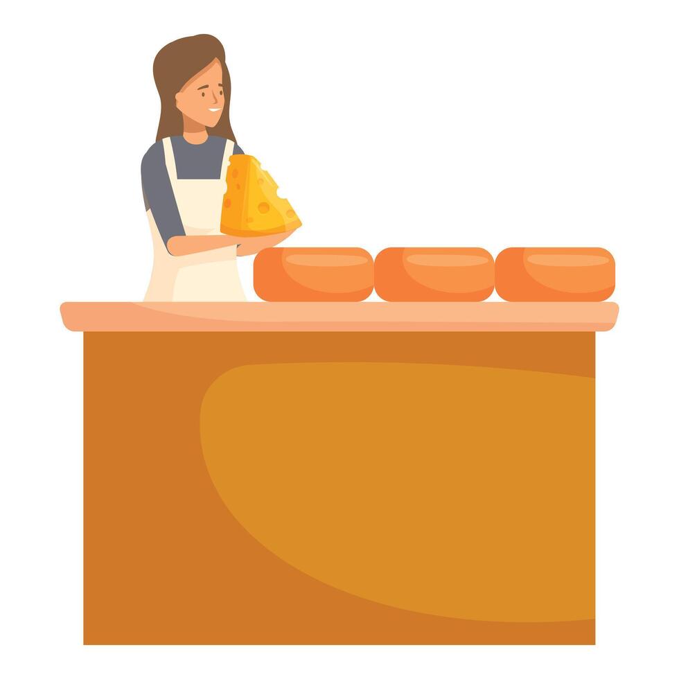 Smiling saleswoman working at cheese counter offering a big piece of cheese vector