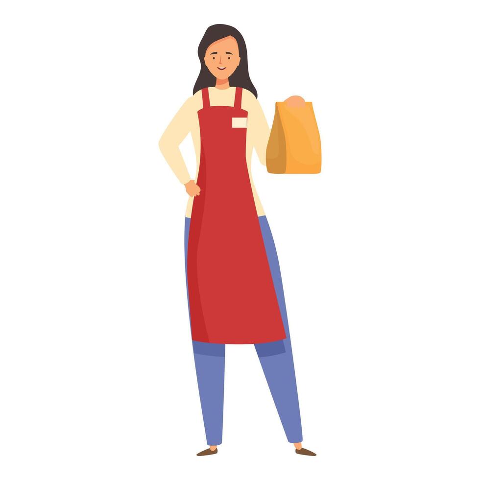 Smiling shop assistant woman holding paper bag, retail worker character vector