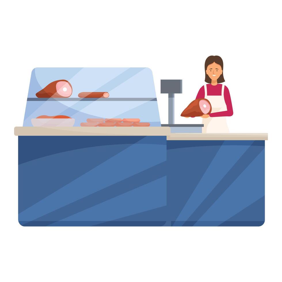 Butcher woman working putting ham on scale at butchery shop counter vector