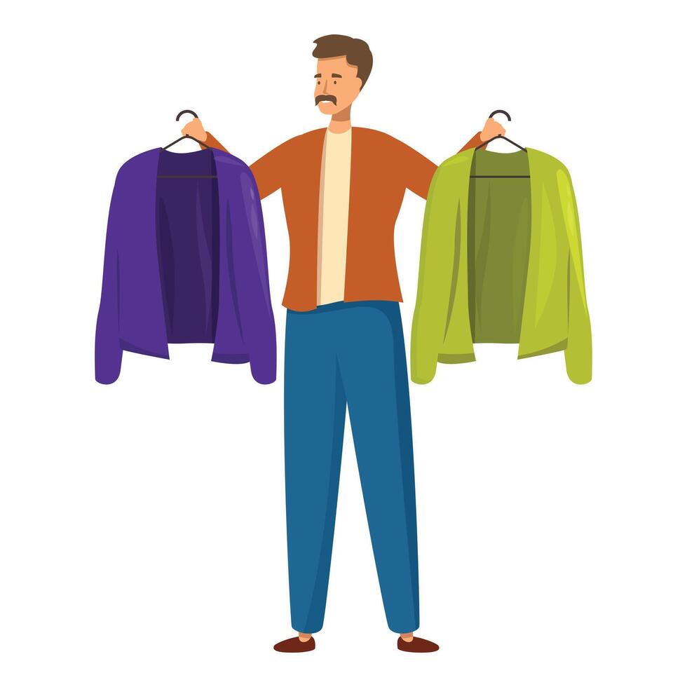 Man choosing clothes on hanger, comparing two jackets, decision making vector
