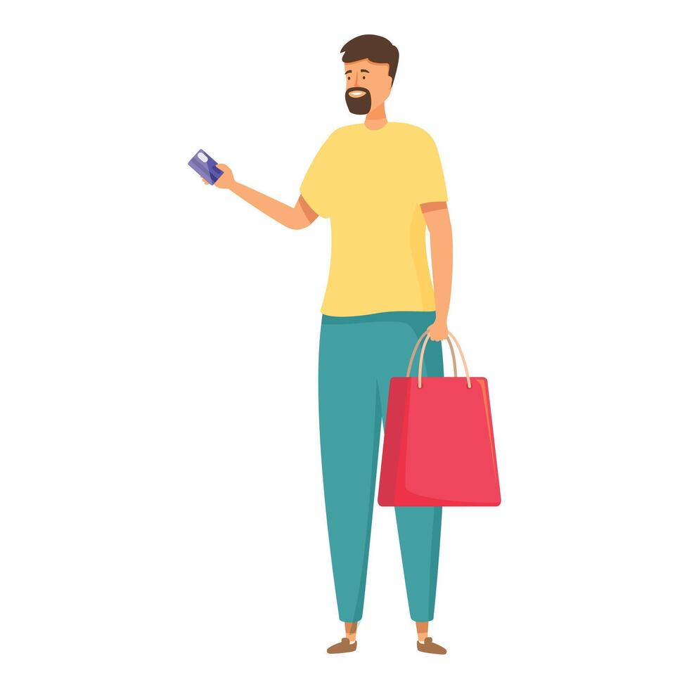 Smiling bearded man holding shopping bag and showing credit card vector