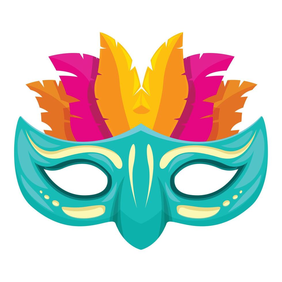 Turquoise carnival mask with colorful feathers is smiling vector