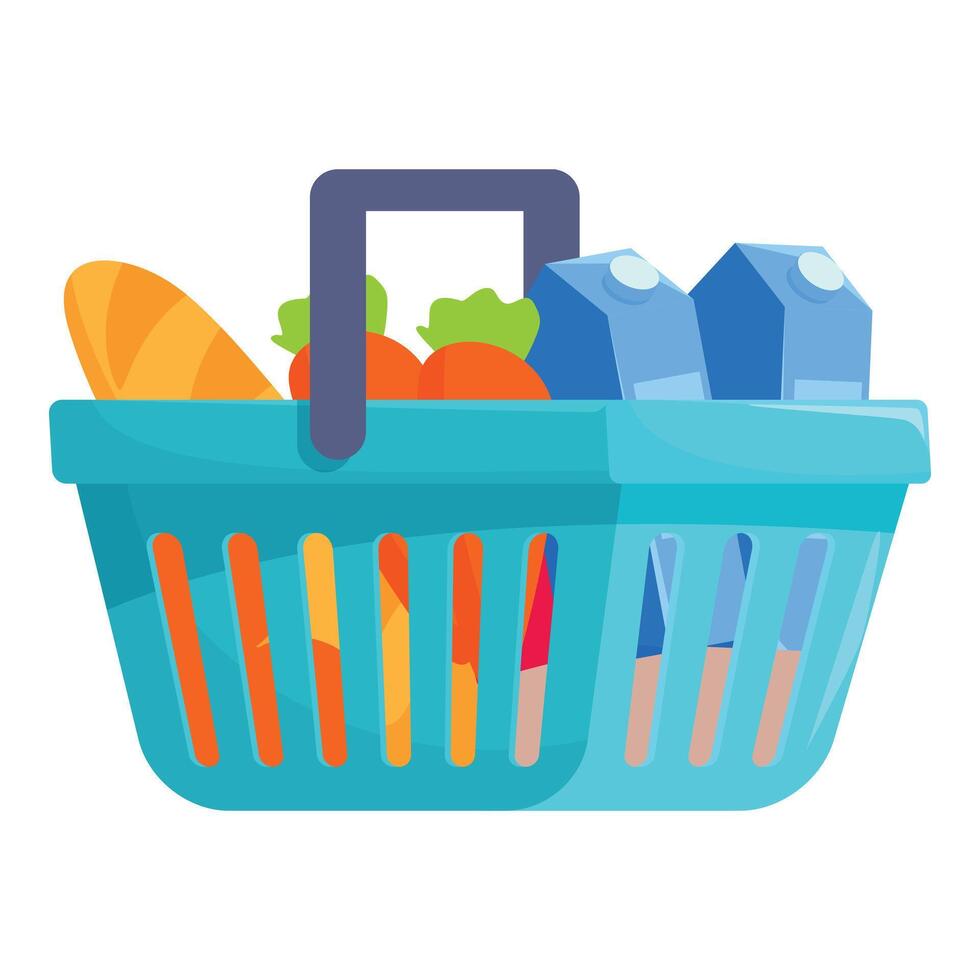 Blue shopping basket filled with groceries including milk, bread, and vegetables vector