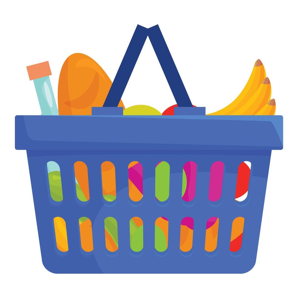 Blue shopping basket full of groceries with handle up vector