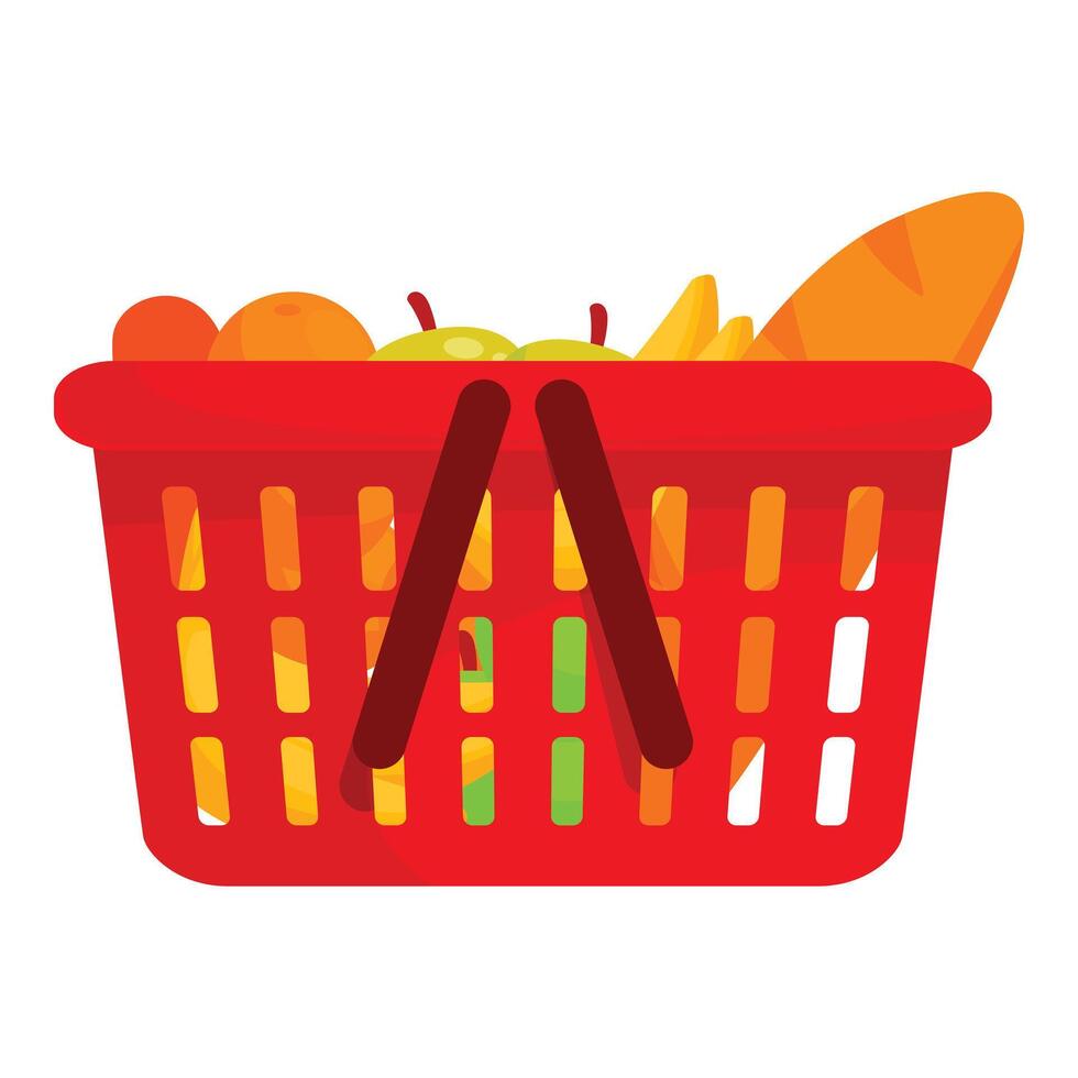 Red shopping basket full of groceries with apples, oranges and bread isolated on white background vector