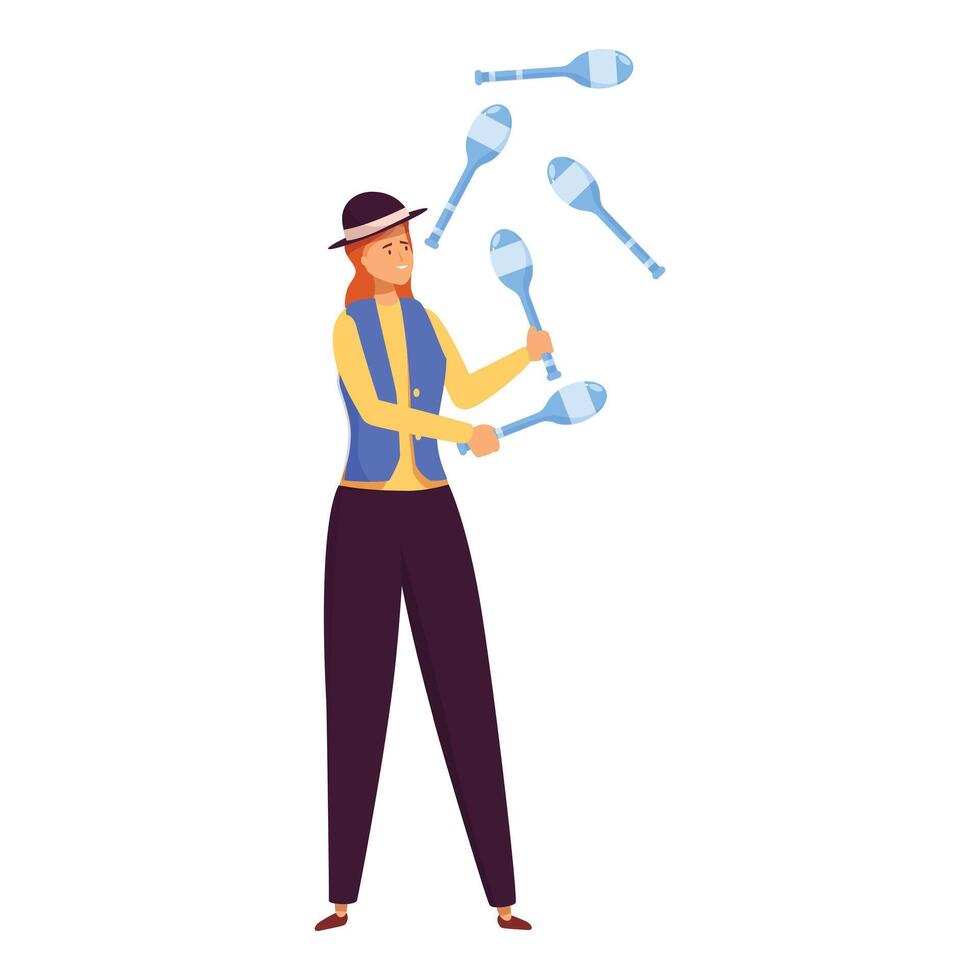 Circus artist juggling with pins concentratedly maintaining balance vector
