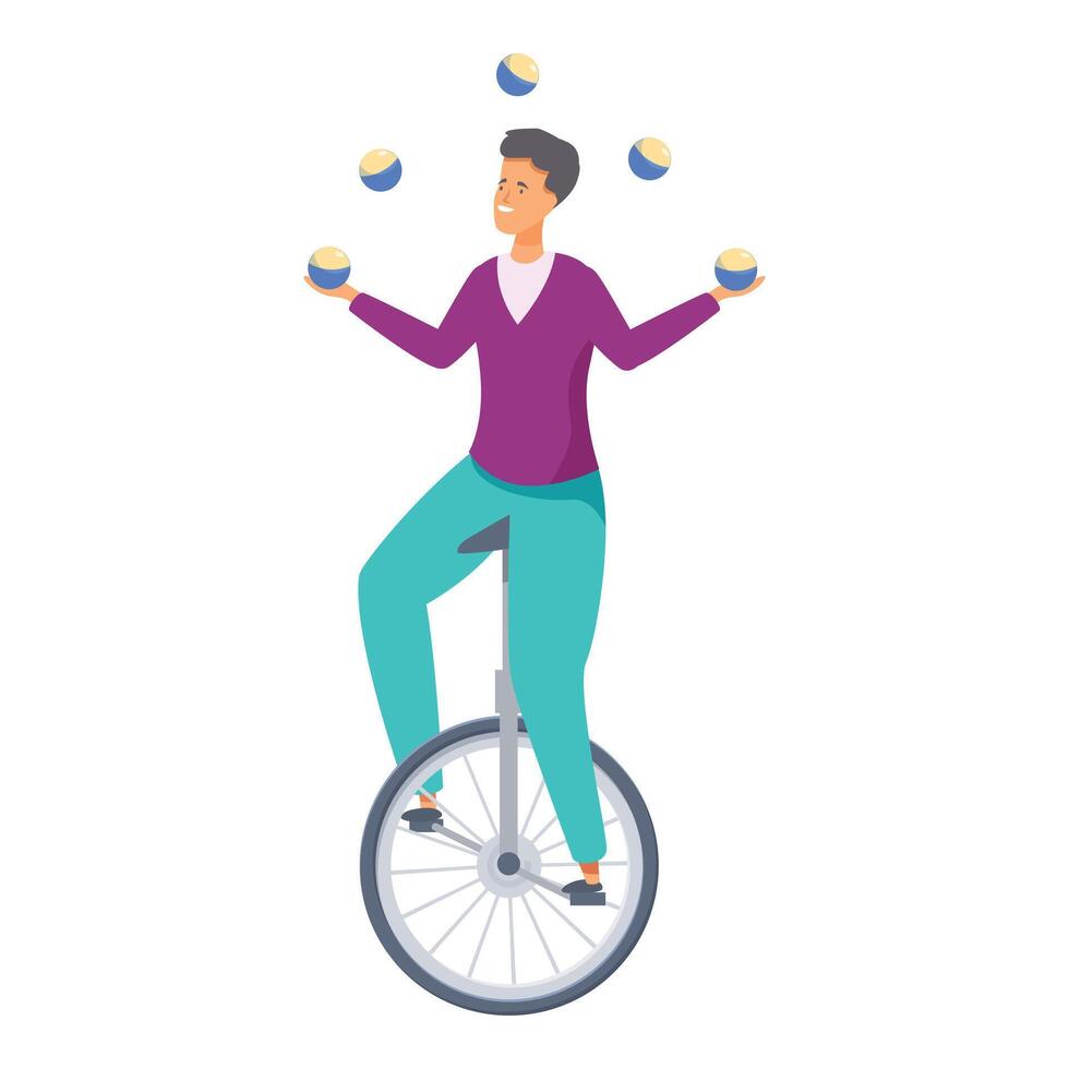 Happy juggler balancing on unicycle and juggling balls vector