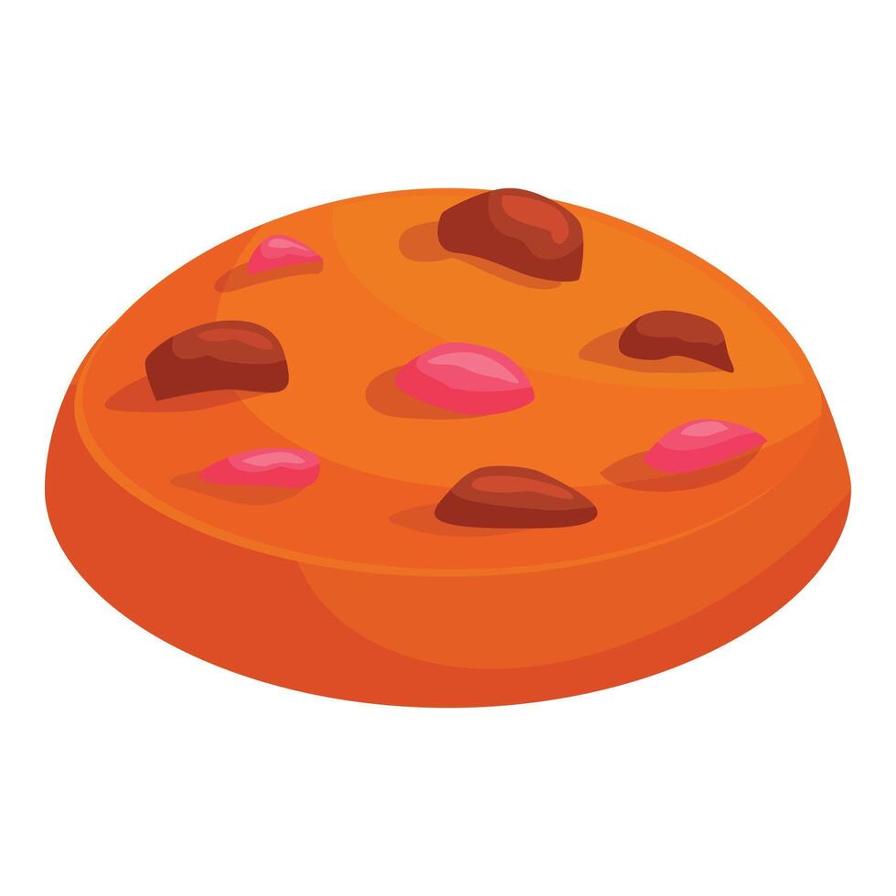 Delicious round cookie with chocolate and pink icing is lying on white background vector
