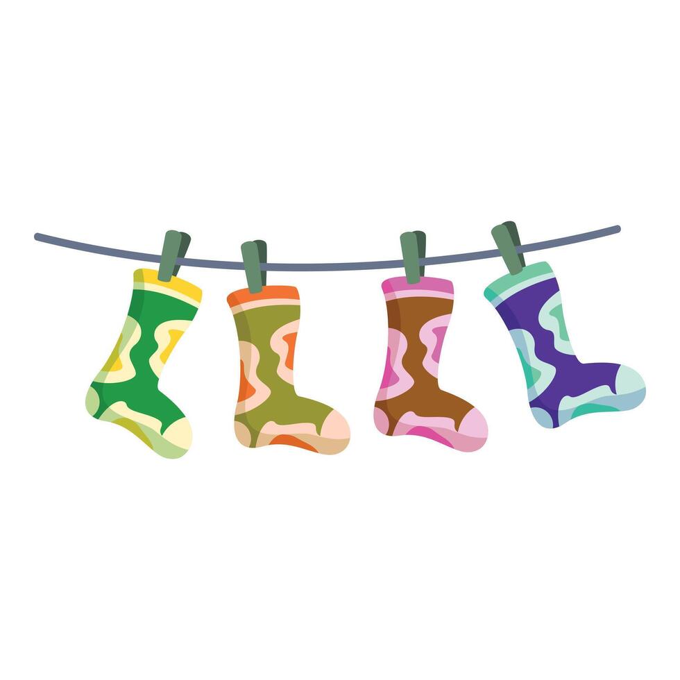 Four colorful socks hanging on clothesline after laundry vector