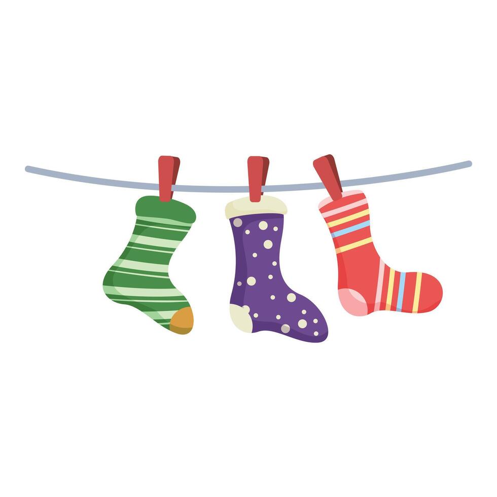 Three christmas stockings hanging on clothesline waiting for santa claus vector
