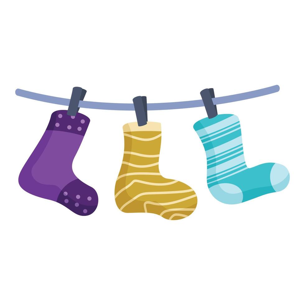 Colorful socks hanging on clothesline drying after laundry vector