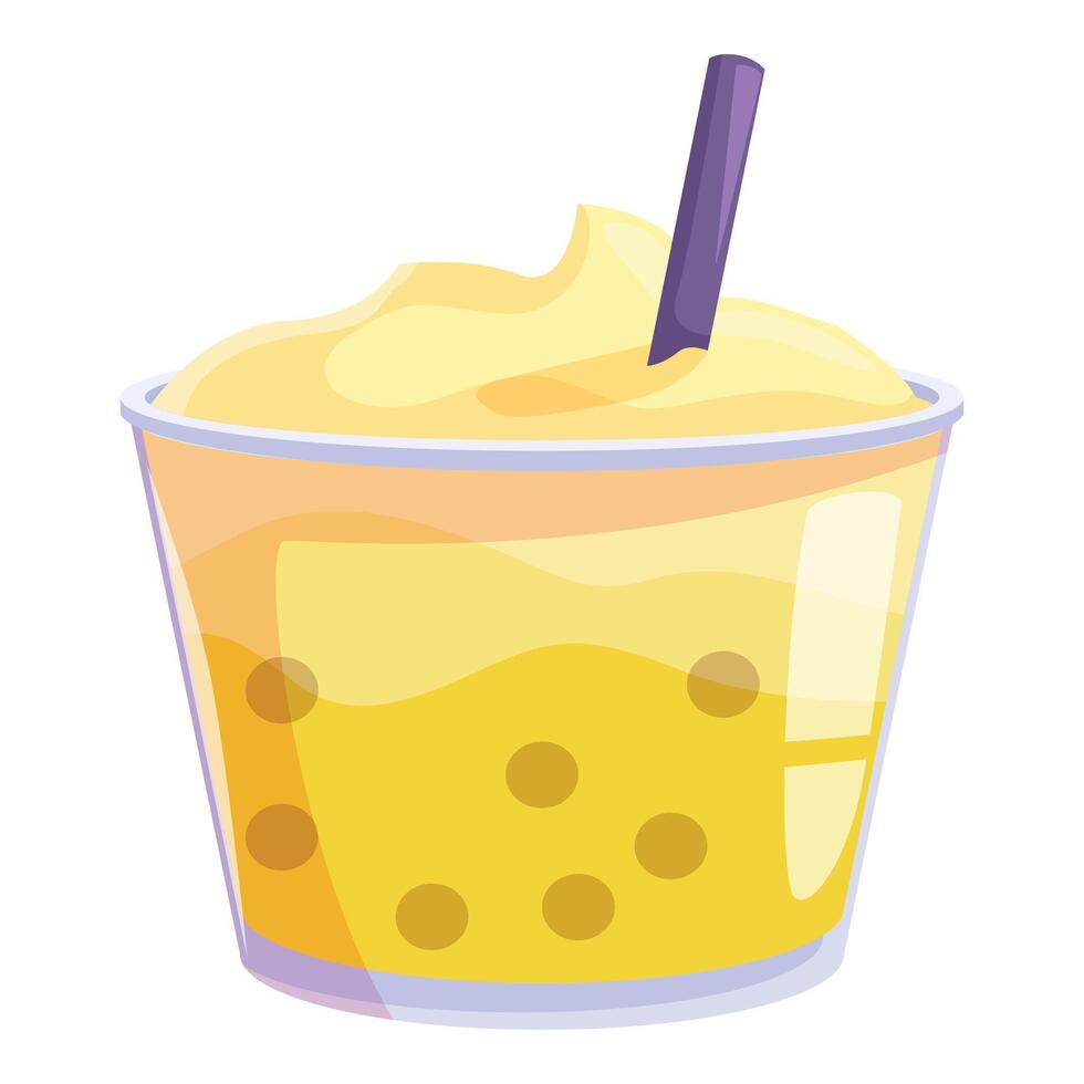 Plastic cup of bubble tea with tapioca pearls and whipped cream being prepared for customer vector