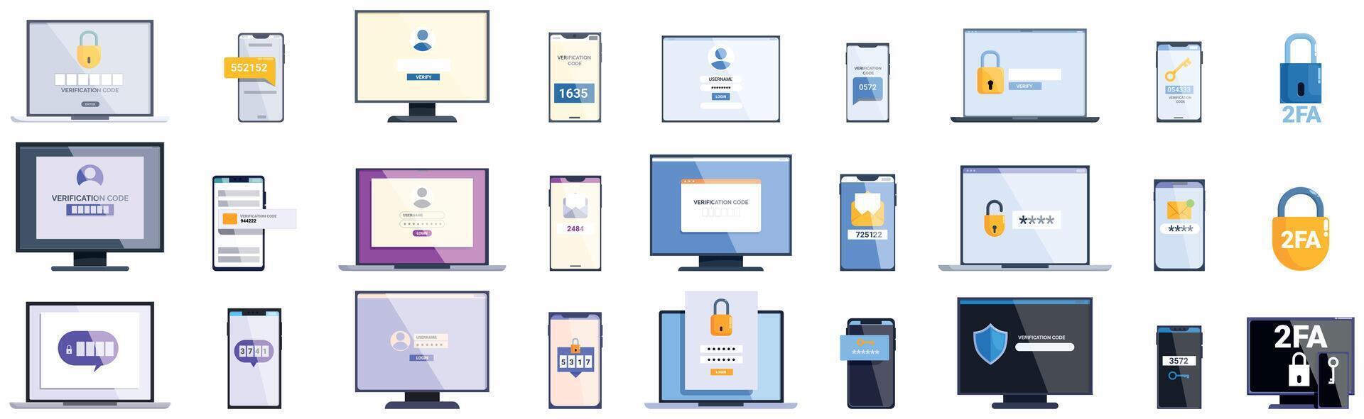 2fa icons set. People using different devices for two factor authentication vector