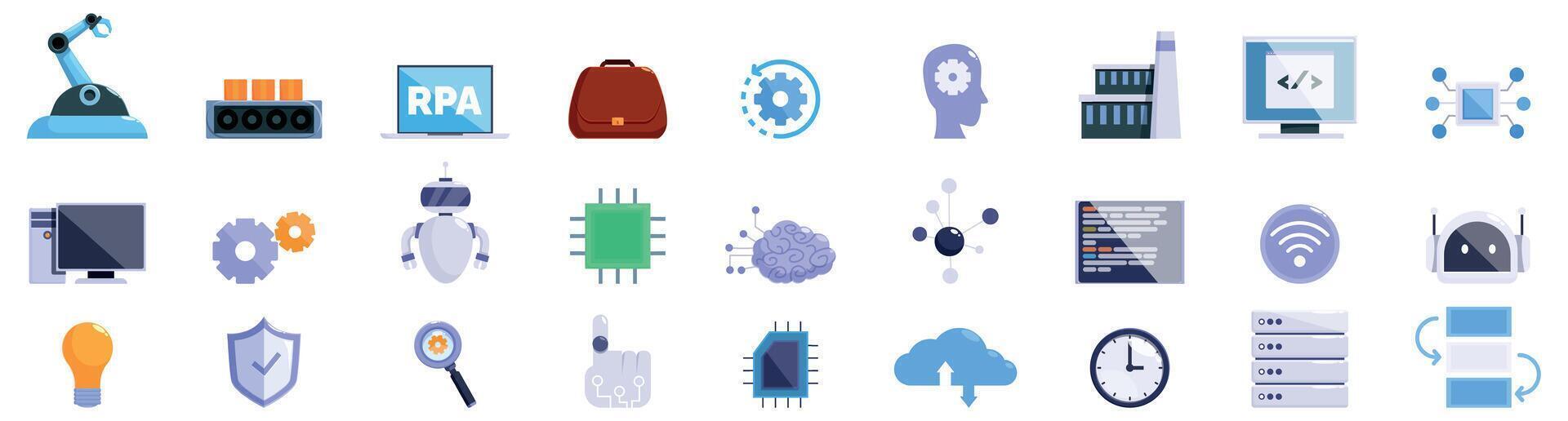 RPA icons set. Automation software development process with rpa, ai and machine learning icons set vector