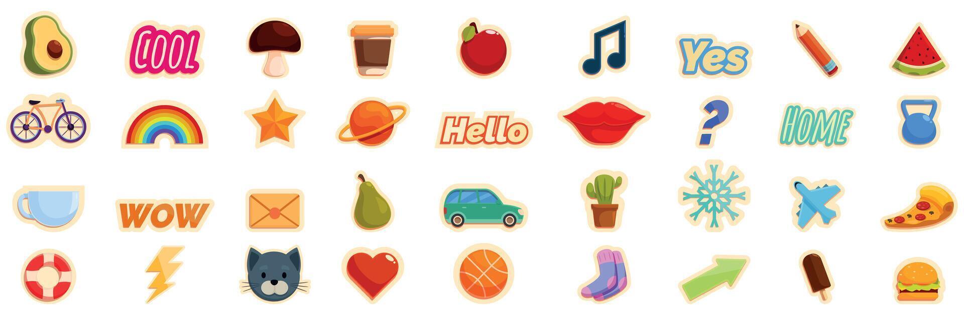 Sticker planner icons set. Set of stickers with everyday objects and words representing different concepts vector