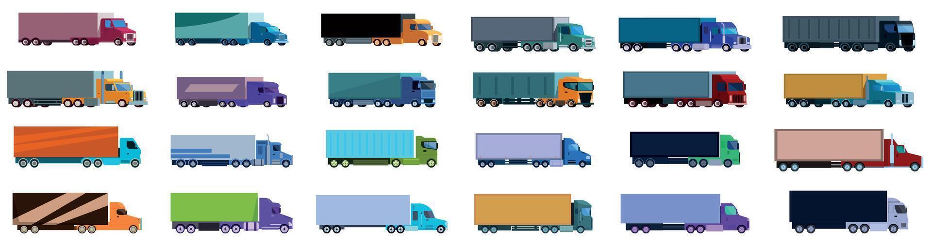 Truck semi-trailer icons set. Collection of colorful delivery trucks transporting goods vector