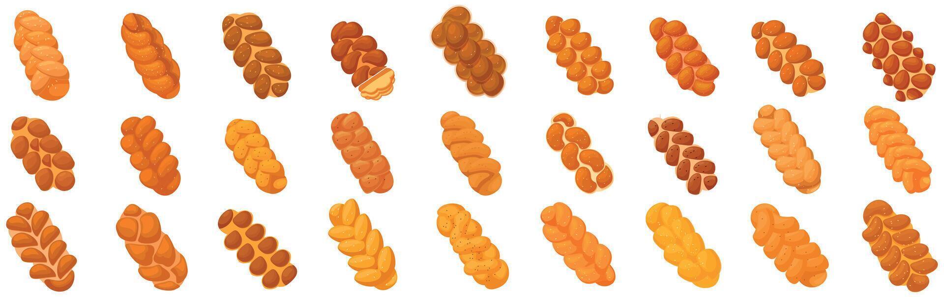 Challah icons set. Set of challah bread loaves for shabbat traditional food baking vector