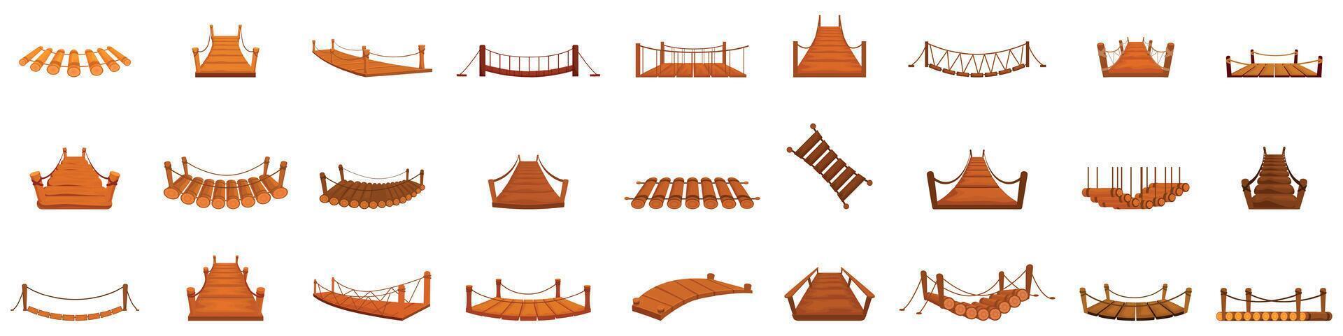 Rope bridge icons set. Set of various wooden bridges connecting land over water vector