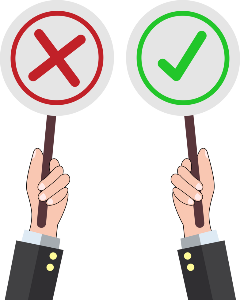 hands hold signboard right and wrong symbol or vote and polling illustration png