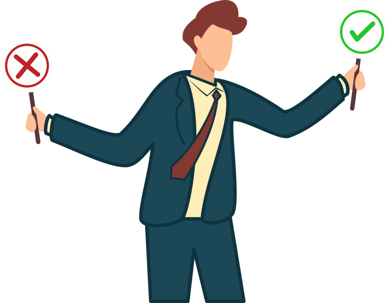 businessman holding signs with cross and checkmark. Wrong and right concept, cancel or approved vote of person png