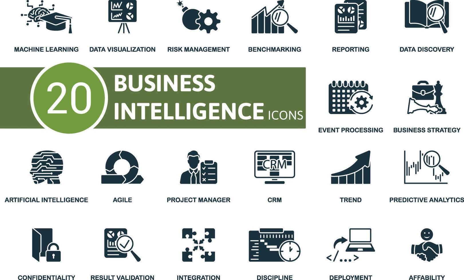 Business Intelligence icon set. Machine Learning, Data Visualization, Risk Management, Benchmarking, Reporting, Data Discovery, Event Processing, Business Strategy, Artificial Intelligence, Agile vector