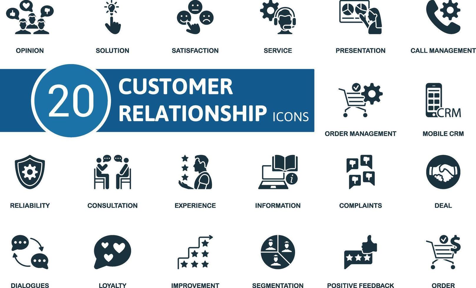 Customer Relationship icon set. Opinion, Solution, Satisfaction, Service, Presentation, Call Management, Order Management, Mobile Crm, Reliability, Consultation icons and more vector