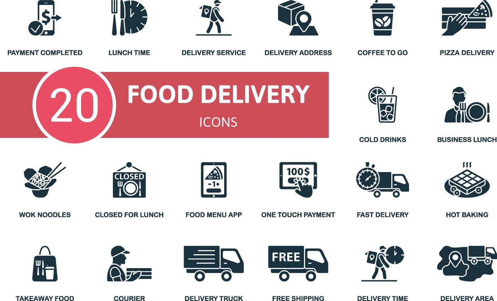 Food Delivery icon set. Payment Completed, Lunch Time, Delivery Service, Delivery Address, Coffee To Go, Pizza Delivery, Cold Drinks, Business Lunch, Wok Noodles, Closed For Lunch icons and more vector
