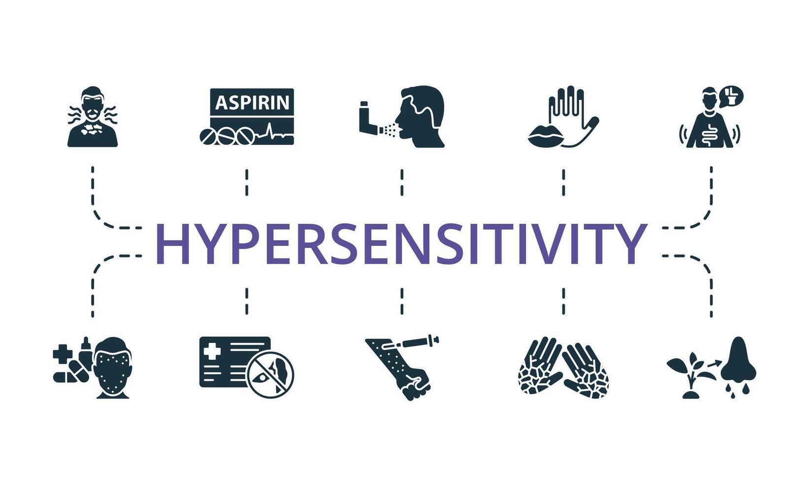 Hypersensitivity icon set. Monochrome simple Hypersensitivity icon collection. Dermatitis, Aspirin, Asthma, Cyanosis, Diarrhea, Drug Allergy, Allergy Card, Allergy Shots, Cracked Skin, Allergic vector