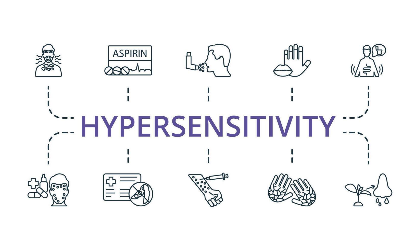Hypersensitivity icon set. Monochrome simple Hypersensitivity icon collection. Dermatitis, Aspirin, Asthma, Cyanosis, Diarrhea, Drug Allergy, Allergy Card, Allergy Shots, Cracked Skin, Allergic vector