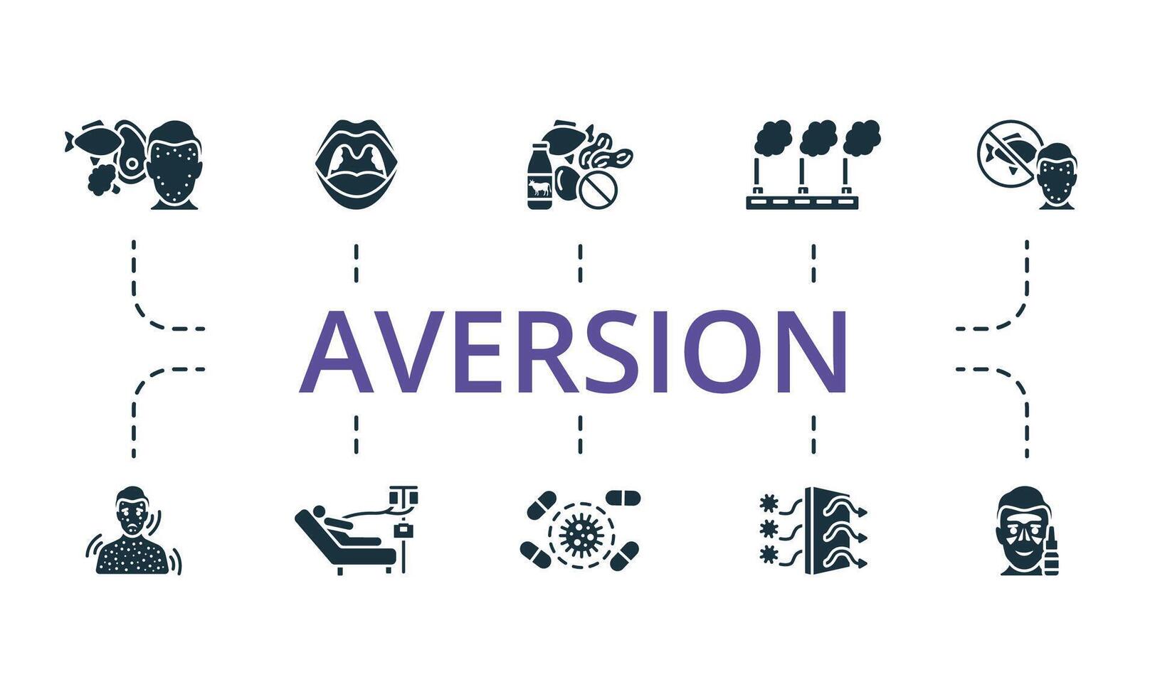 Aversion icon set. Monochrome simple Aversion icon collection. Food Allergy, Adenoids, Allergen, Air Pollution, Elimination Diet, Anaphylaxis, Chemotherapy, Antibiotic Resistant, Hepa Filter vector