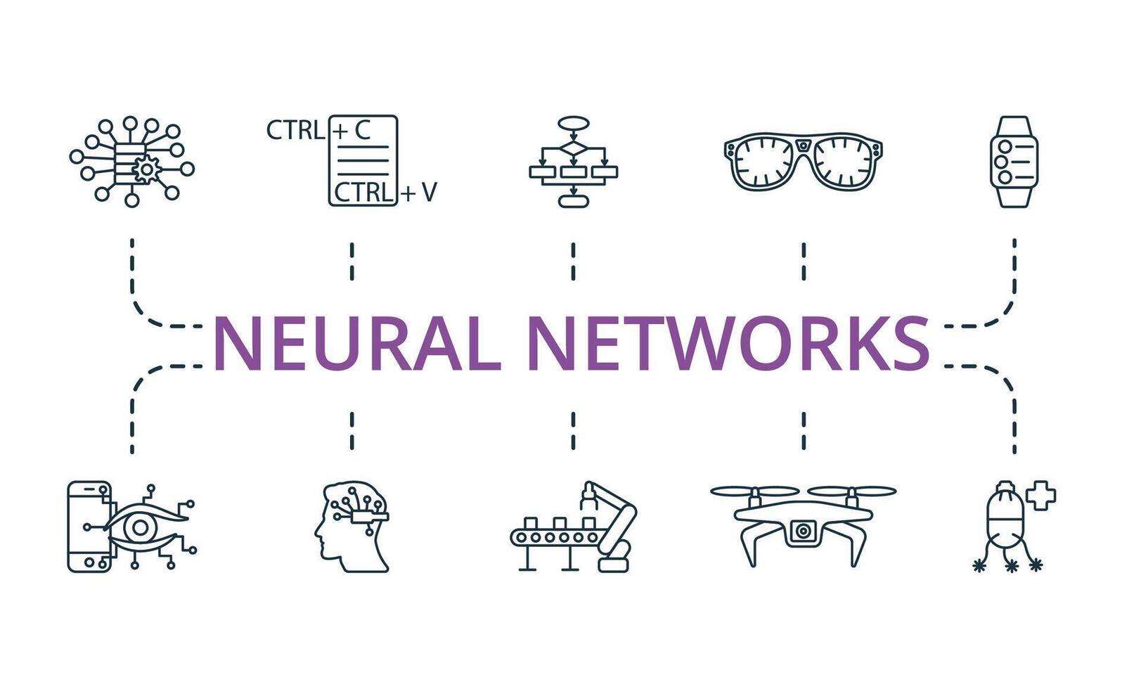 Neural Networks icon set. Monochrome simple Neural Networks icon collection. Big Data, Pattern, Algorithm, Smart Glasses, Smart Watch, Smart Lens, Neural Interface, Robotic Conveyor, Air Drone vector
