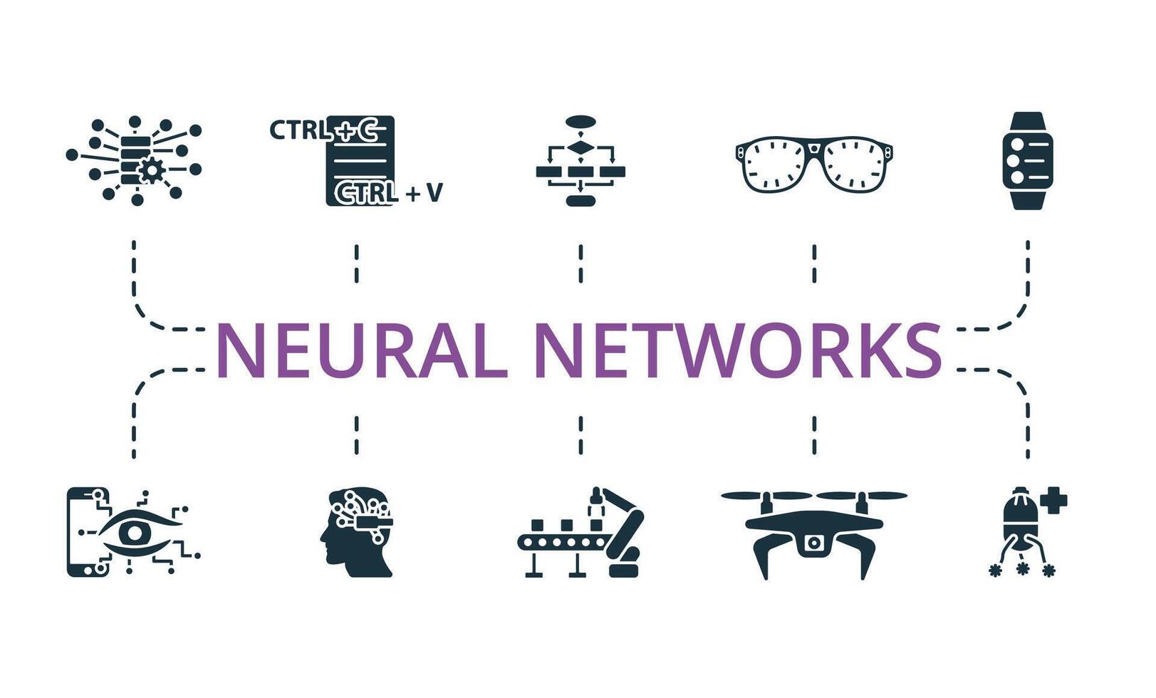 Neural Networks icon set. Monochrome simple Neural Networks icon collection. Big Data, Pattern, Algorithm, Smart Glasses, Smart Watch, Smart Lens, Neural Interface, Robotic Conveyor, Air Drone vector