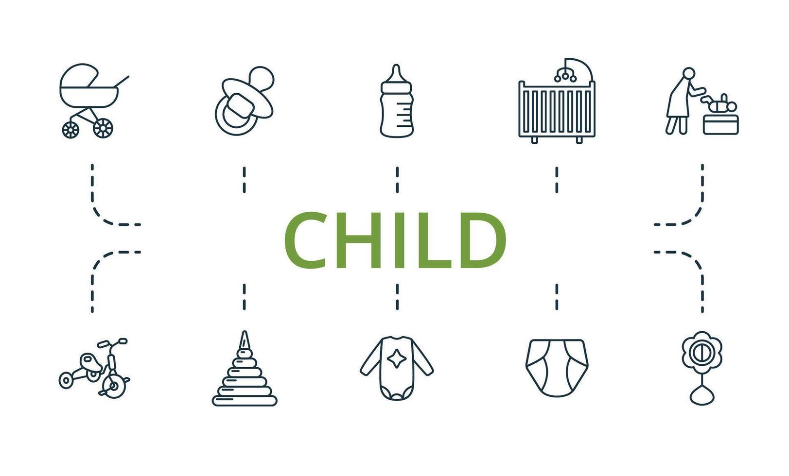 Child icon set. Monochrome simple Child icon collection. Stroller, Nipple, Bottle With Pacifier, Cot, Changing Table, Baby Bike, Baby Pyramid, Body, Diaper, Beanbag icon vector