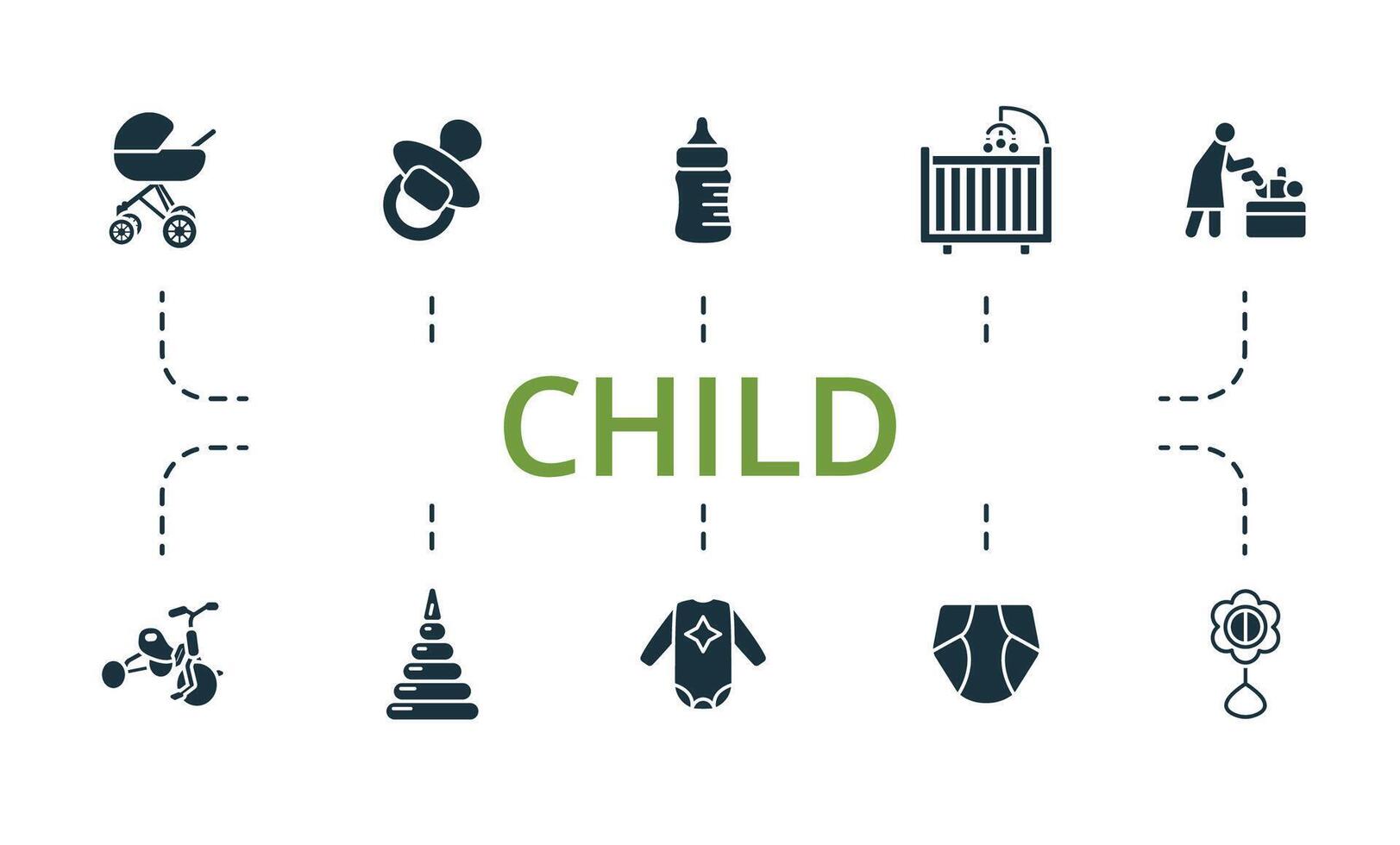 Child icon set. Monochrome simple Child icon collection. Stroller, Nipple, Bottle With Pacifier, Cot, Changing Table, Baby Bike, Baby Pyramid, Body, Diaper, Beanbag icon vector