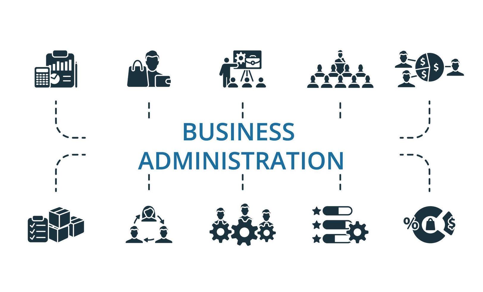 Business Administration icon set. Monochrome simple Business Administration icon collection. Accounting, Buyer, Career Training, Seminar, Profit Sharing, Inventory Control, Job Rotation, Labor vector