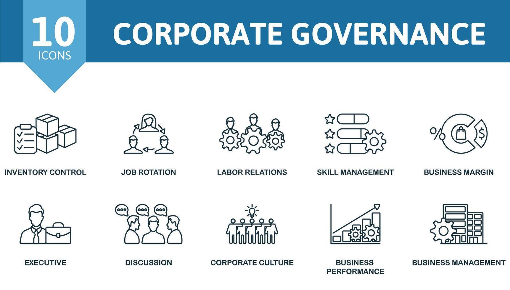 Corporate Governance icon set. Monochrome simple Corporate Governance icon collection. Inventory Control, Job Rotation, Labor Relations, Skill Management, Business Margin, Executive, Discussion vector