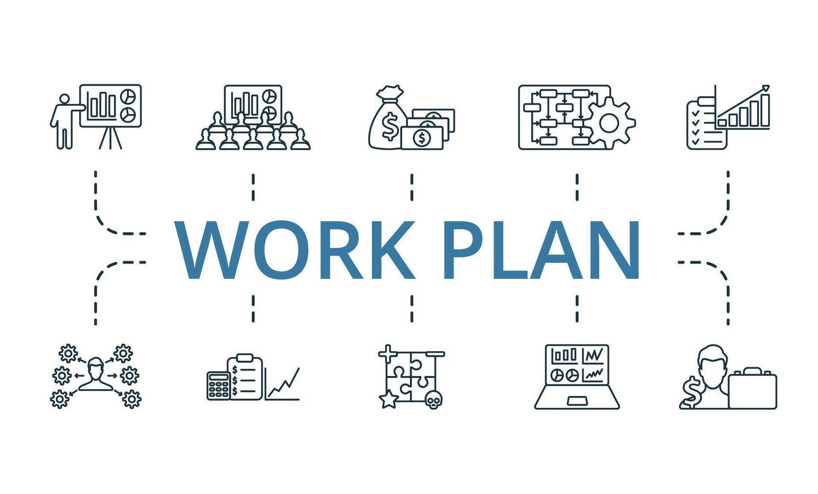 Work Plan icon set. Monochrome simple Work Plan icon collection. Presentation, Audiece, Capital, Business Model, Marketing Plan, Operation Management, Financial Plan, Swot Analysis, Market Analytics vector