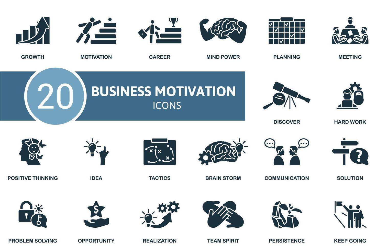 Business Motivation icon set. Monochrome simple Business Motivation icon collection. Growth, Motivation, Career, Mind Power, Planning, Opportunity, Realization, Team Spirit, Persistence, Keep Going vector