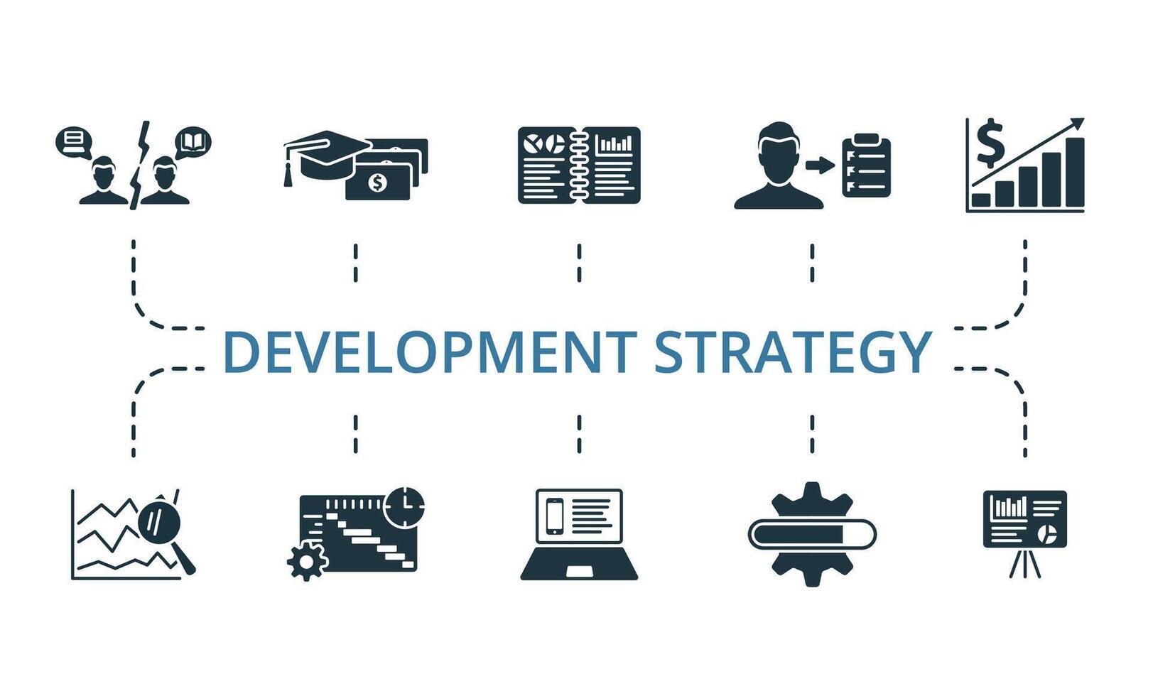 Development Strategy icon set. Monochrome simple Development Strategy icon collection. Conflict Of Interest, Grants, Executive Summary, Mission Statement, Revenue, Trend Analysis, Timeline, Product vector